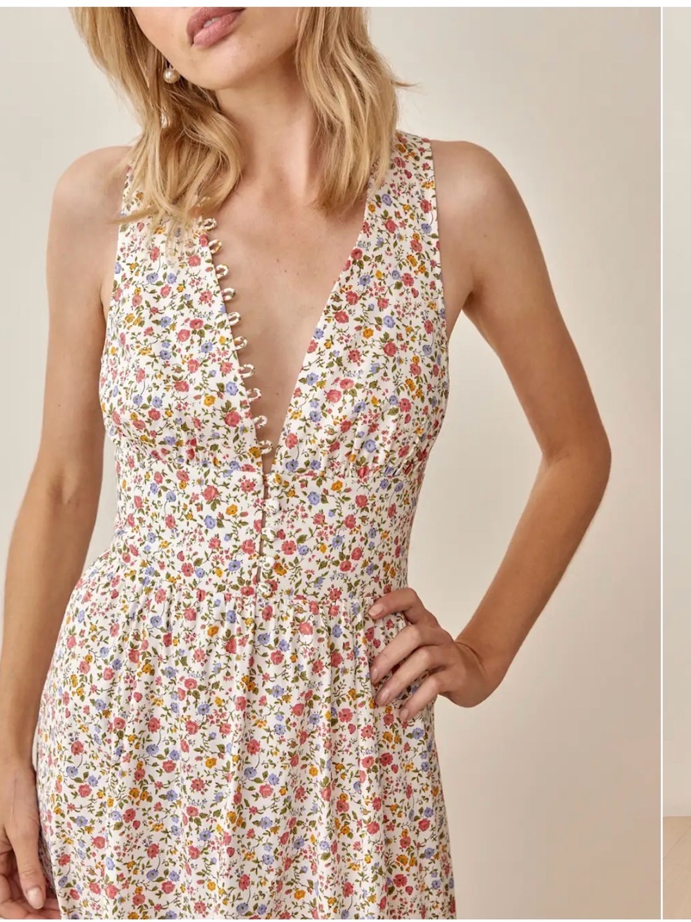 Reformation White Floral Midi Dress with Pink, Yellow and Green Print - Picture 2 of 5
